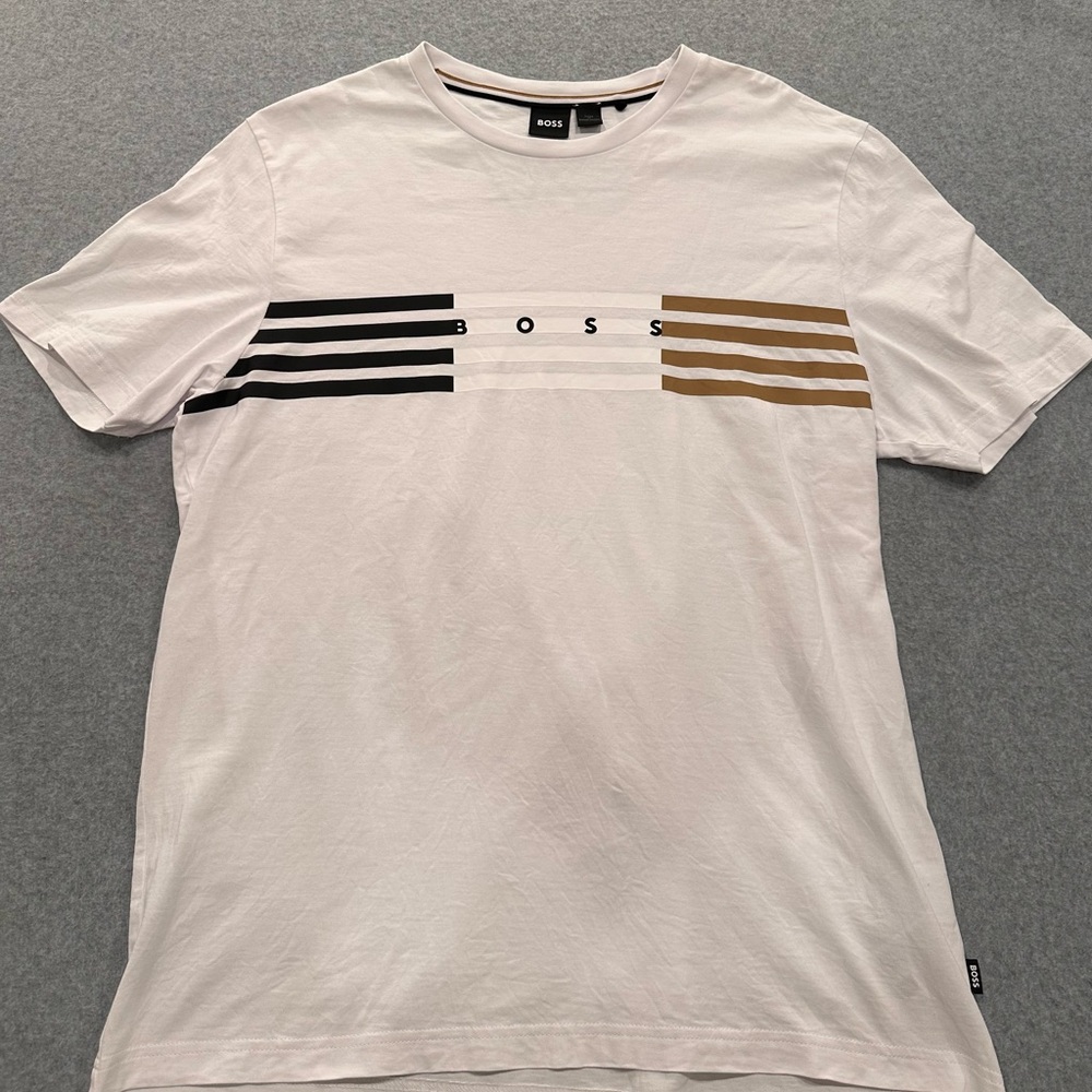 BOSS Tiburt 332 Striped Logo Tee - Pristine White